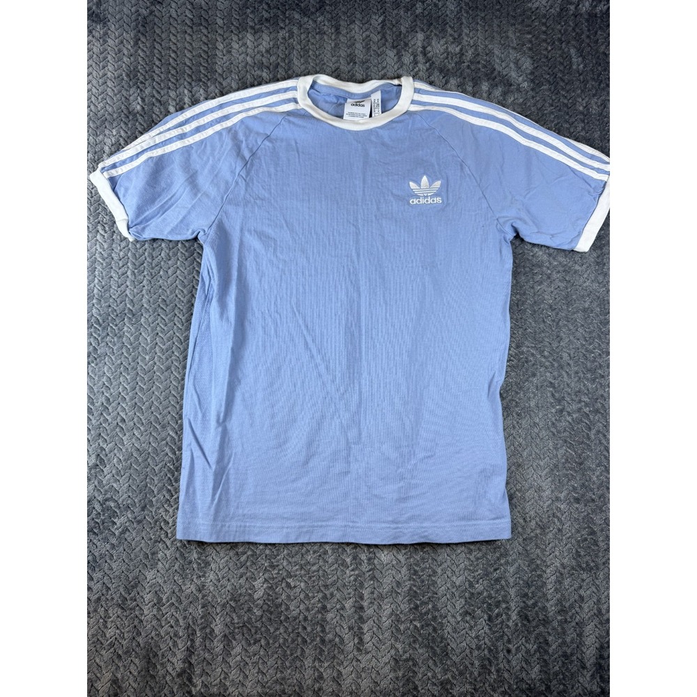 Adidas Mens T Shirt Medium Sky Blue 3 Stripes Logo Raglan Cotton Ringer Tee